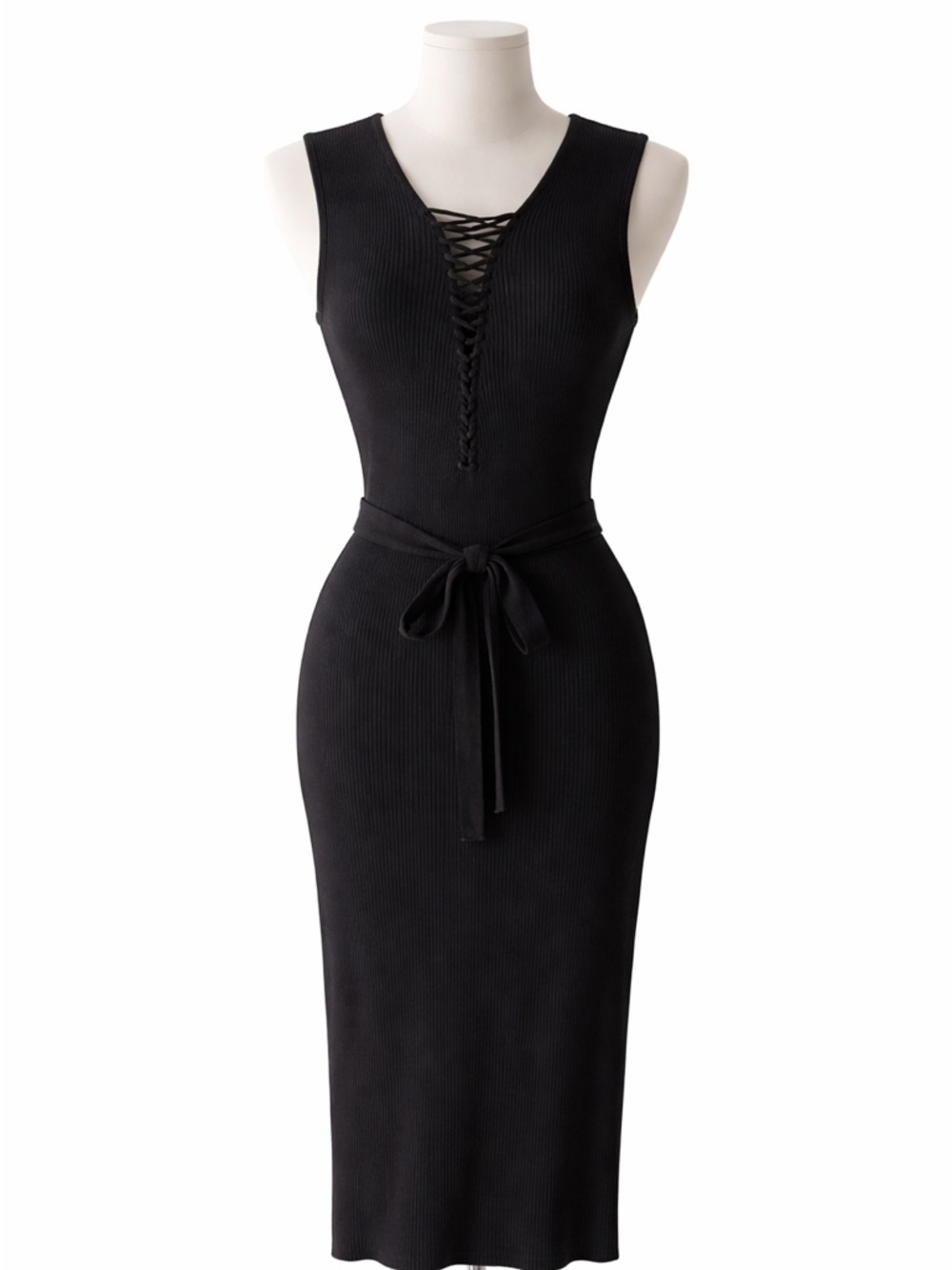 Black Ribbed Lace-Up Midi Dress | Tie Waist Bodycon | NWT